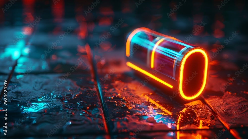 3D Neon Fast Charging Lithium Ion Battery Glowing On Floor With Light ...