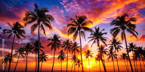 Wallpaper Mural Exotic tropical palm trees silhouetted against a vibrant sunset sky, creating a peaceful and picturesque scene Torontodigital.ca