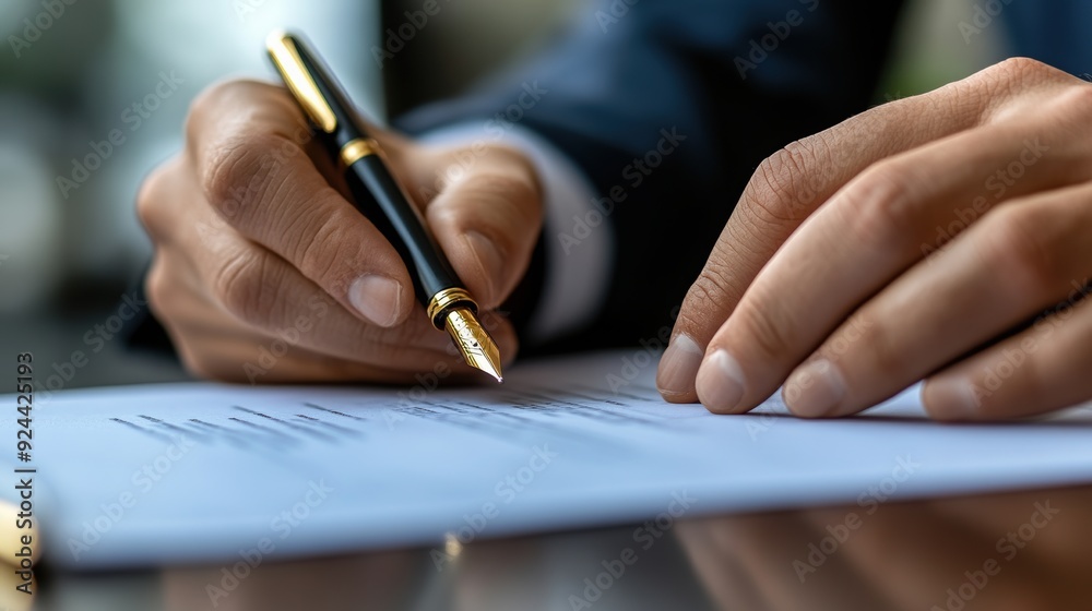 Close-up of a businessperson's hands using a fountain pen to sign an important document, symbolizing professionalism, agreement, and legal commitment. Close-up of a businessperson's hands using a fountain pen to sign an important document, symbolizing professionalism, agreement, and legal commitment.