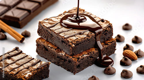 Brownie cakes with melted chocolate and chocolate chips on white background