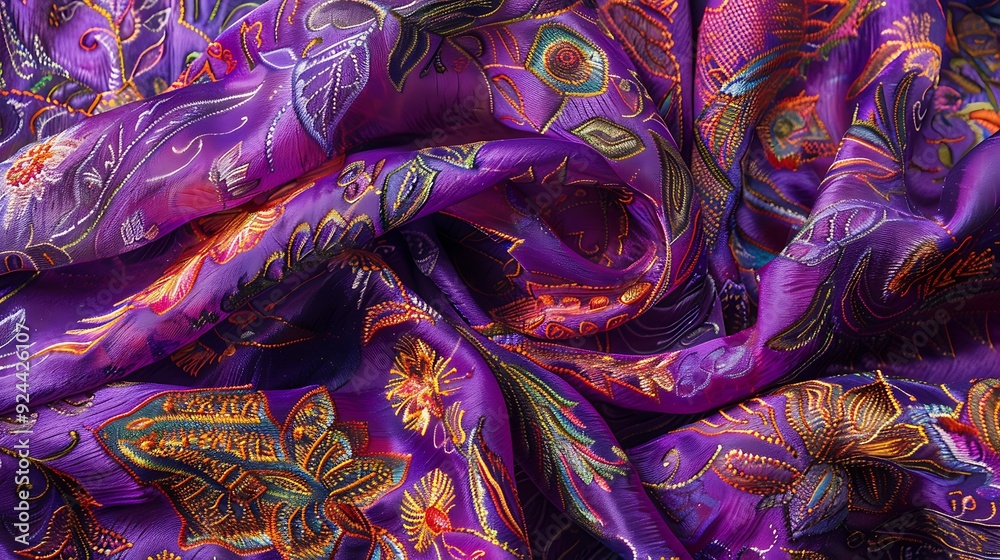 An intricately crafted purple silk scarf
