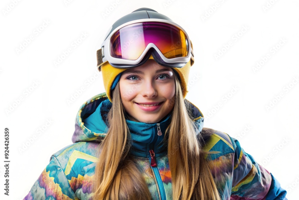 Girl in clothes snowboarding., isolated on white background Girl in clothes snowboarding., isolated on white background