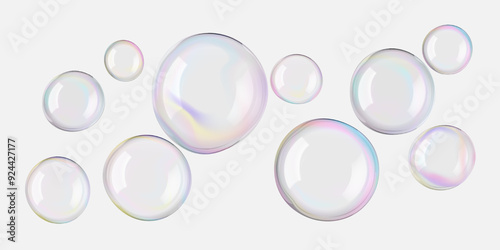 Cosmetic serum gel drop texture. Transparent liquid oil water, soap bubble float. Skincare isolated face essence cleanser. Iridescent glossy round light shapes. Shiny reflection, flying bath elements