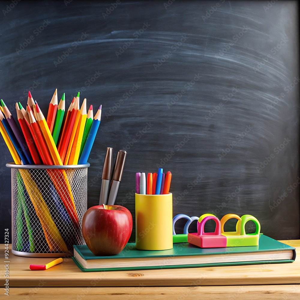 Obraz premium Back to school. School supplies on the background of the blackboard ready for your design. Copy space for text