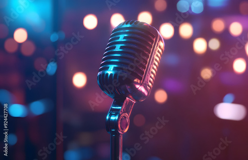 "Vintage Microphone on Stage with Blurred Background of Concert Lights"