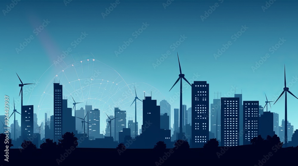 Fototapeta premium A city skyline with many wind turbines in the background