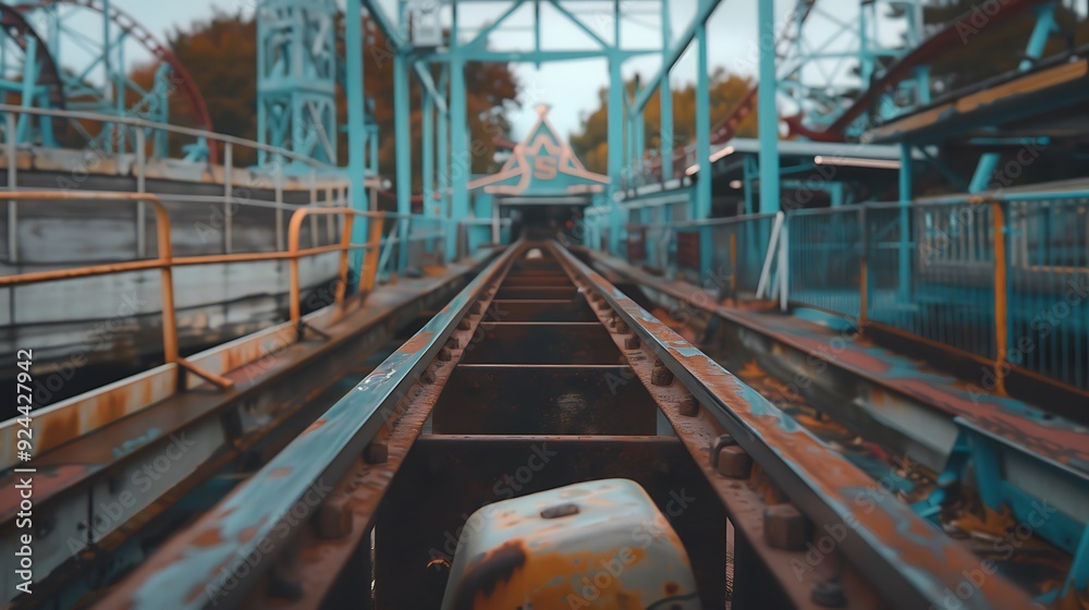 An old roller coaster in an arcade with its rusting metal track