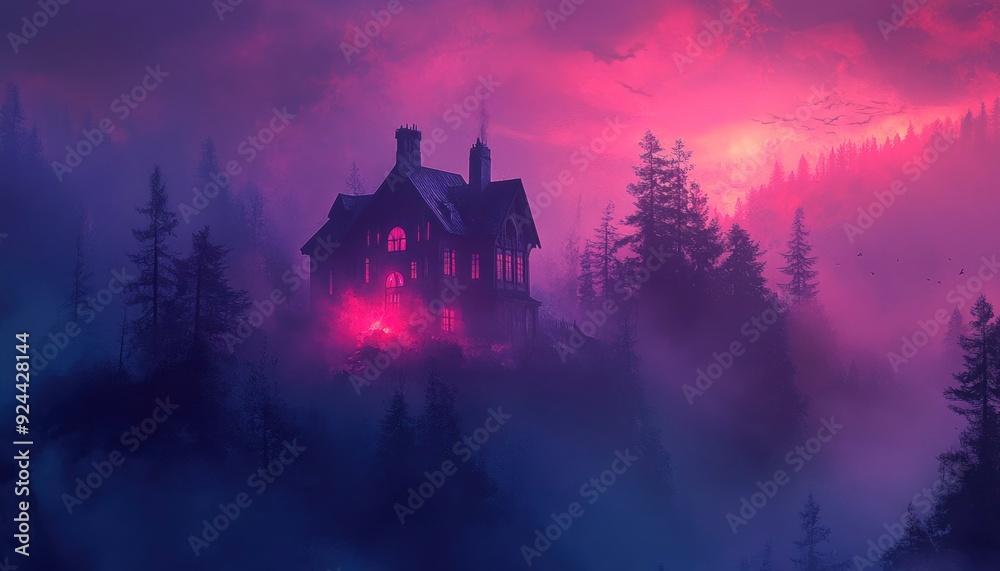 Eerie House Illuminated in a Foggy Forest at Twilight Eerie House Illuminated in a Foggy Forest at Twilight