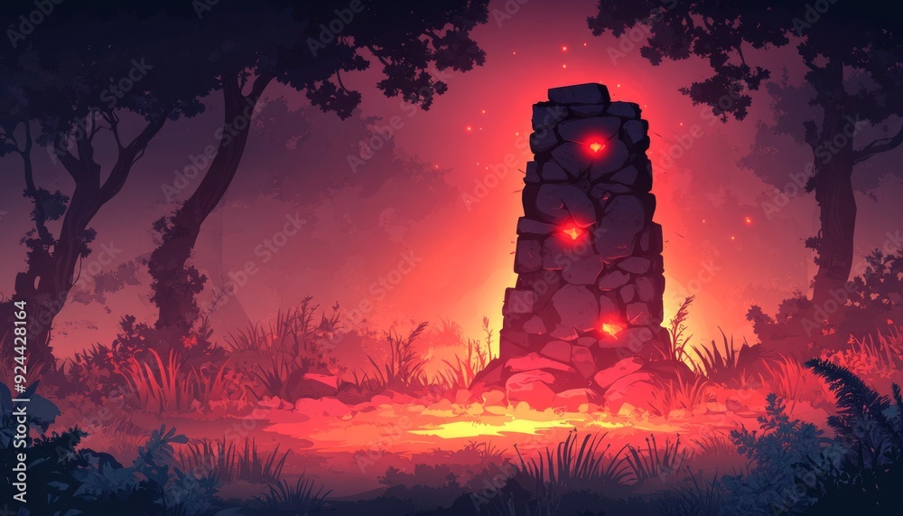 Glowing Stone Structure in a Silhouetted Forest Glowing Stone Structure in a Silhouetted Forest