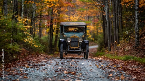 An old vehicle traveling down a gravel path amid vibrant fall foliage photo