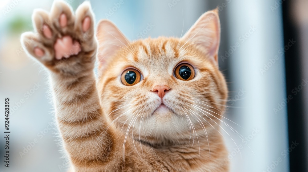 Obraz premium A cat with a paw up in the air looking at something, AI