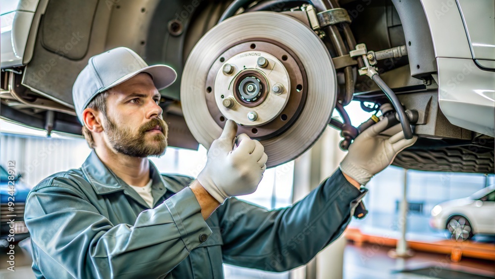 auto mechanic installing car front brake calipers auto mechanic installing car front brake calipers
