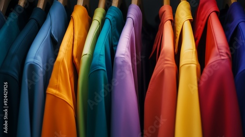 Colorful Shirts Hanging on Wooden Hangers in a Row photo