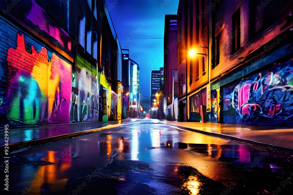 Wet street with vibrant graffiti art, showcasing urban culture and creativity in a rain-soaked environment Wet street with vibrant graffiti art, showcasing urban culture and creativity in a rain-soaked environment