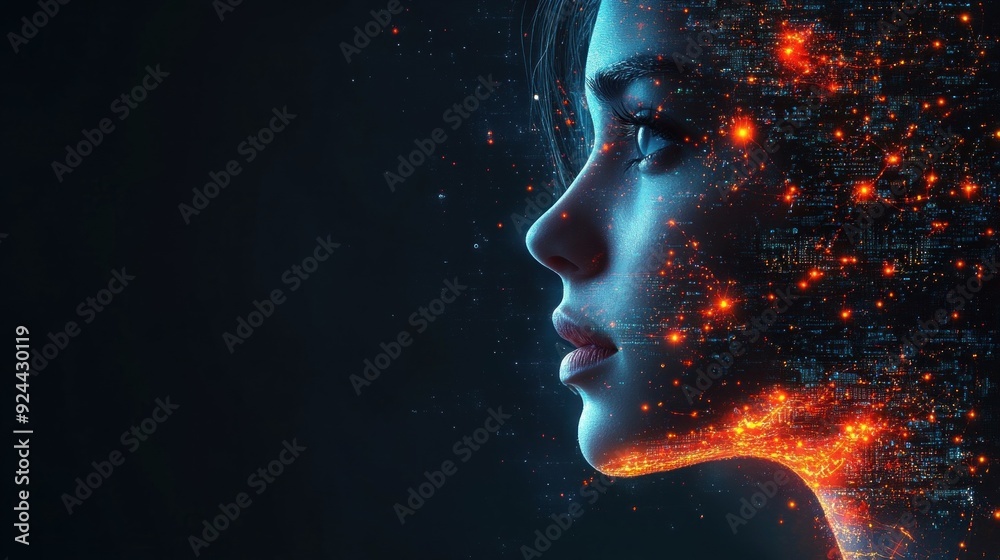 Digital portrait of a woman in profile showcasing abstract technology elements. The glowing elements convey a sense of innovation and modern aesthetics. Digital portrait of a woman in profile showcasing abstract technology elements. The glowing elements convey a sense of innovation and modern aesthetics.
