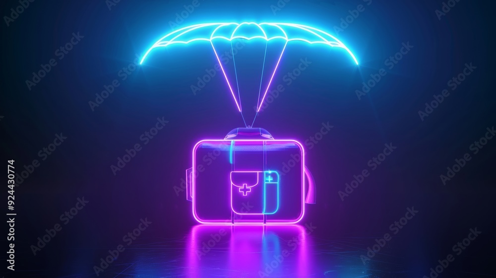 3D rendering of neon purple blue glowing techno parachute outline symbol, first aid kit help, isolated on black background with shiny reflection on the ground. 3D rendering of neon purple blue glowing techno parachute outline symbol, first aid kit help, isolated on black background with shiny reflection on the ground.