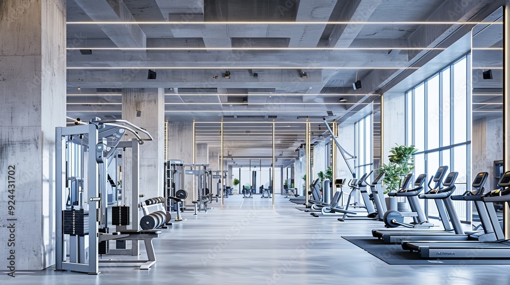 Fototapeta premium Modern Gym Interior Design with Concrete Walls and Natural Light
