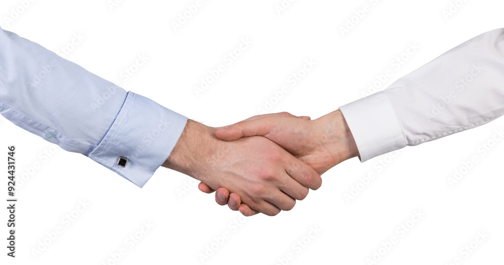 Closeup of two people shaking hands, one in a white shirt, the other in a blue shirt. white Background. Concept of agreement and partnership Closeup of two people shaking hands, one in a white shirt, the other in a blue shirt. white Background. Concept of agreement and partnership