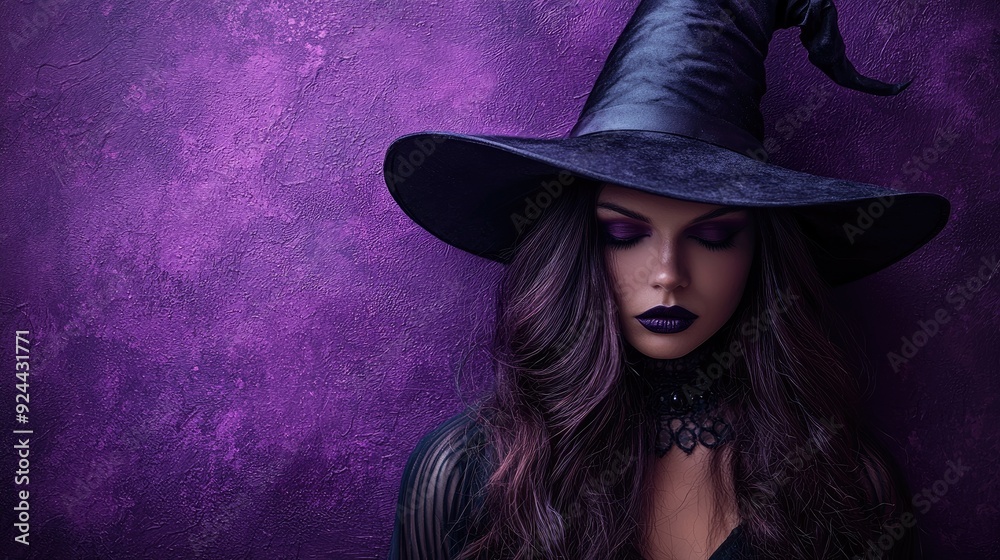 Enchanting Halloween Witch in Black Hat with Purple Accents