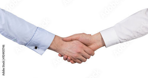 Closeup of two people shaking hands, one in a white shirt, the other in a blue shirt. white Background. Concept of agreement and partnership