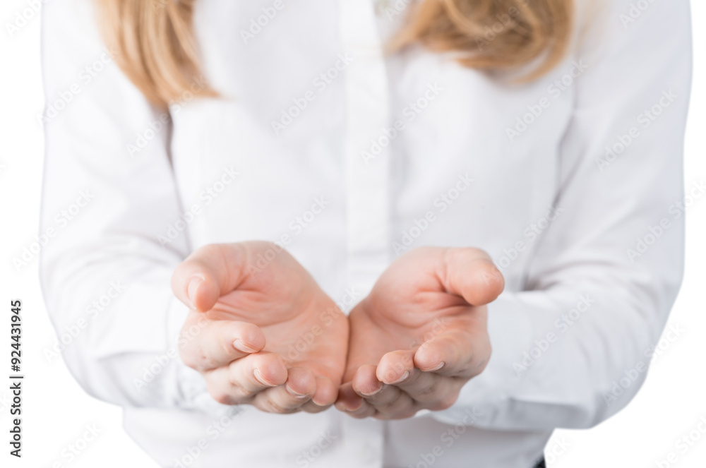 Close-up of hands in an open gesture, wearing a white shirt, on a white background. Represents offering, sharing, or requesting Close-up of hands in an open gesture, wearing a white shirt, on a white background. Represents offering, sharing, or requesting