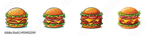 Cartoon burger set. Realistic burger set isolated on white background. Vector illustration.