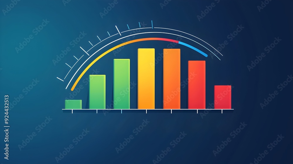 Fototapeta premium Abstract Bar Chart with Curved Arrow, Blue Background.
