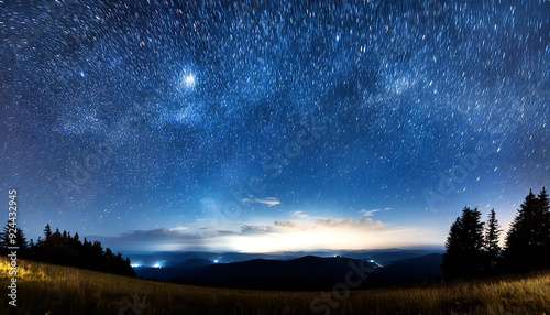 輝く星空のイメージ。光る星。綺麗な星空の背景素材。Image of a shining starry sky. Shining stars. Beautiful starry sky background material.