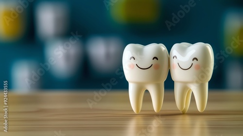 Two cheerful tooth characters with smiles, symbolizing dental health and hygiene, set against a colorful background.