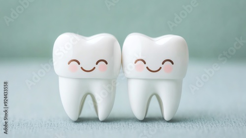 Two cheerful cartoon teeth with smiling faces, symbolizing dental health and care in a playful, inviting style.