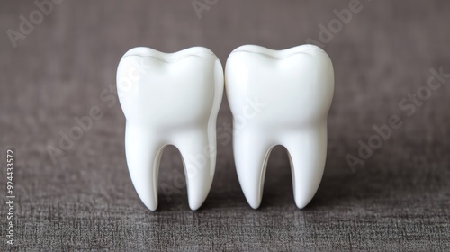 Two shiny, white teeth displayed on a textured surface, symbolizing dental health and hygiene in a clean and minimalistic design.