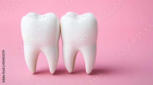 Two gleaming white teeth on a soft pink background, symbolizing dental health and oral hygiene.