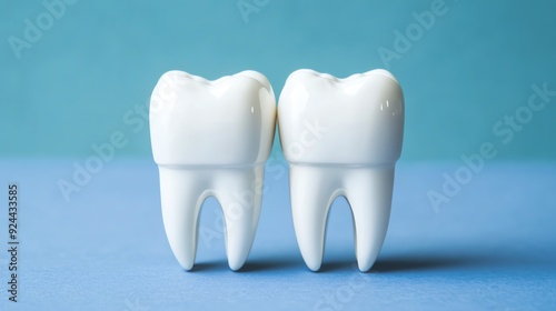 Two pristine white teeth sit together on a soft blue background, symbolizing dental health and hygiene.