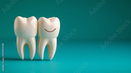 Two smiling teeth figurines on a bright background, symbolizing dental health and happiness.
