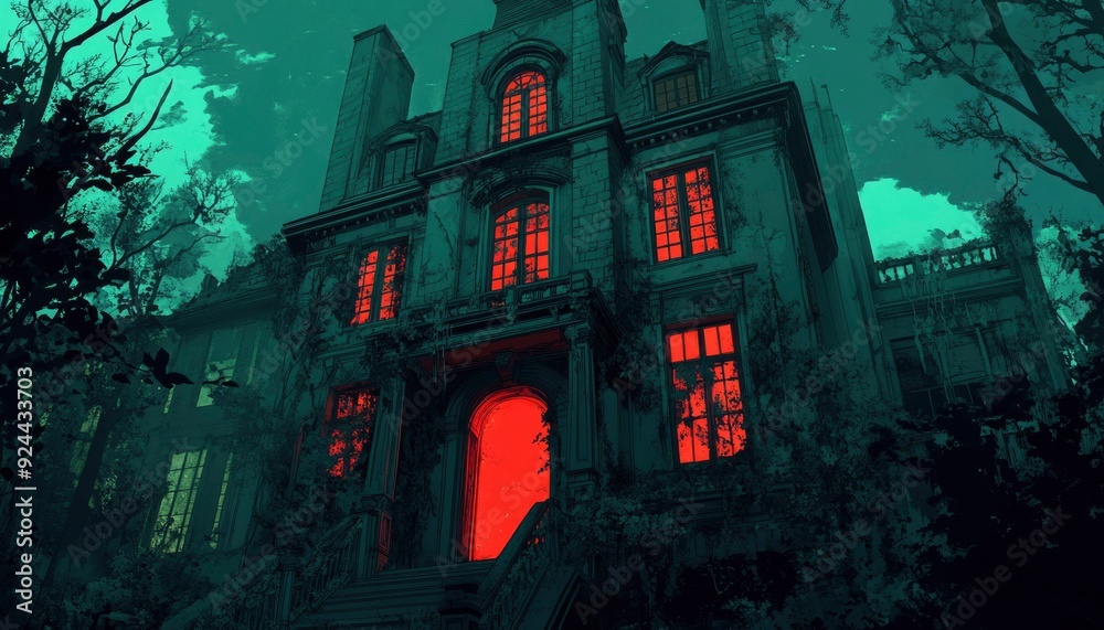 Obraz premium An Abandoned Mansion with Glowing Windows at Night