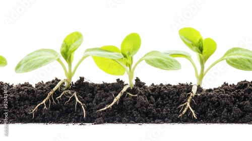 Four stages of plant growth, showing progression from sprouting seed to seedling with visible roots and leaves, isolated against a white background.