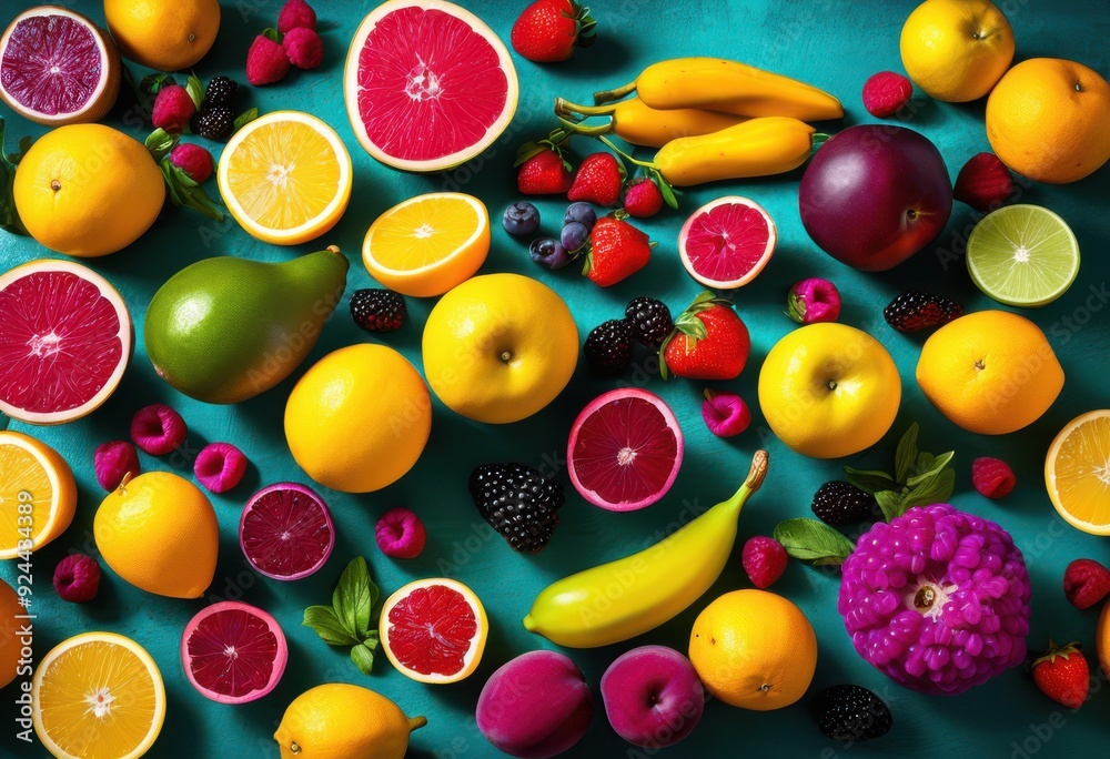 Fototapeta premium collection vibrant food textures displayed variety colorful backgrounds showcasing richness diversity, aesthetic, arrangement, appeal, appetizers, bright