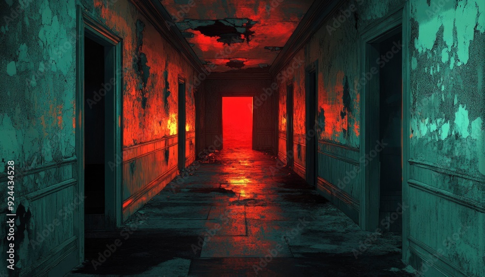 Obraz premium Dark and eerie hallway with peeling paint and a red glow at the end