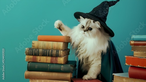 Curious White Persian Cat in Wizard s Attire Reaches for Enchanted Books on a High Shelf