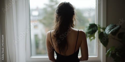 A brunette girl in a little black dress at her apartment getting ready for a night out