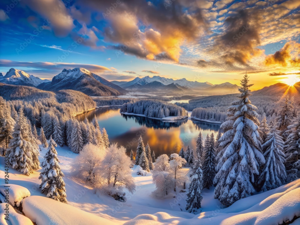 Golden hour paints snow-capped mountains with vibrant hues, reflecting in icy lake waters