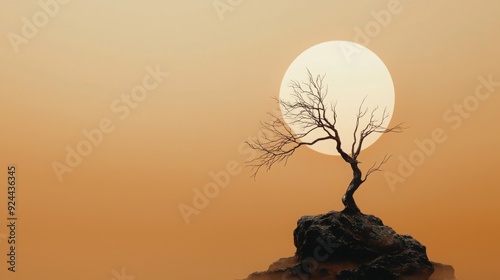 A tree with upward branches and a minimalist sun, symbolizing growth and the pursuit of dreams, Created with Generative AI. photo