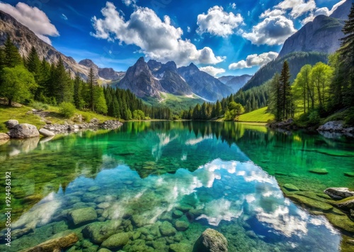 Serene alpine lake mirrors snow-capped mountains in a vibrant green summer landscape