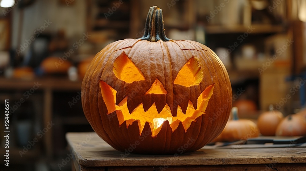 Woman Crafting a Jack-O-Lantern for Halloween Celebration Woman Crafting a Jack-O-Lantern for Halloween Celebration