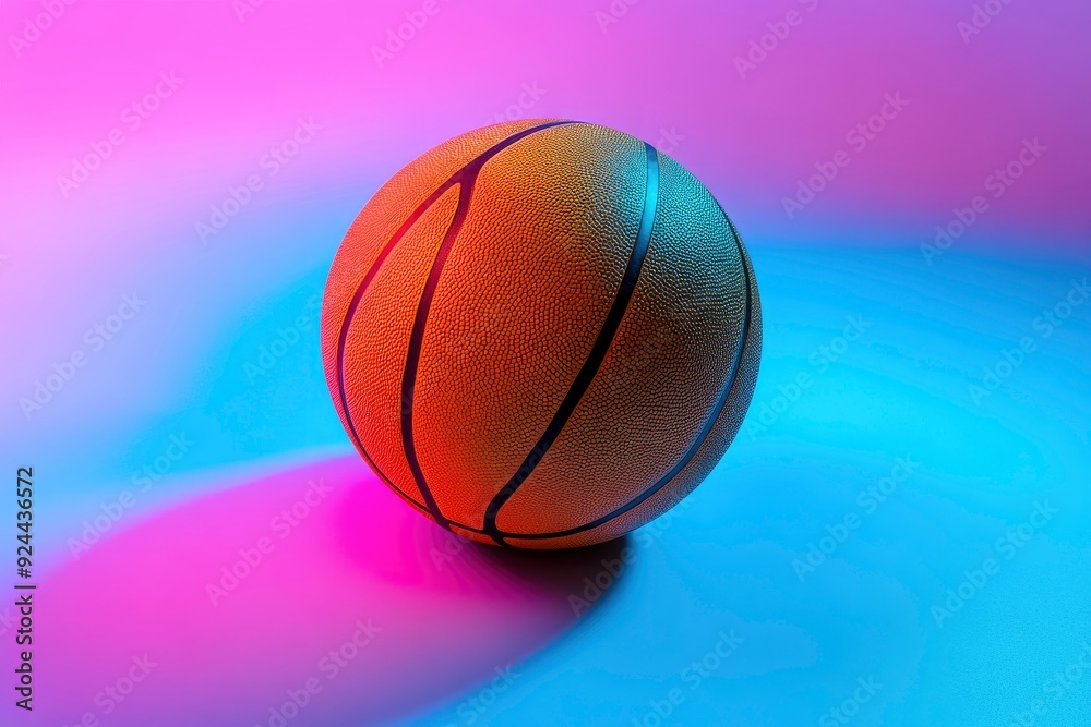 Shiny rubber surface of basketball placed on vibrant background in studio in blue light with generative ai Shiny rubber surface of basketball placed on vibrant background in studio in blue light with generative ai