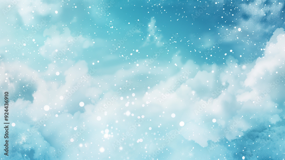Fluffy white clouds in a bright blue sky with falling snowflakes and serene atmosphere Fluffy white clouds in a bright blue sky with falling snowflakes and serene atmosphere