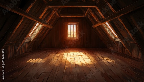 Sunlit Attic with Wooden Beams and a Window