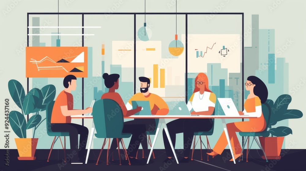 A group of people are sitting around a table in a room with a city view A group of people are sitting around a table in a room with a city view