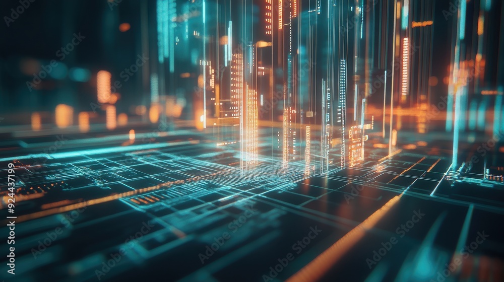 A detailed illustration of a market analysis, with veins of light connecting various sectors and industries A detailed illustration of a market analysis, with veins of light connecting various sectors and industries