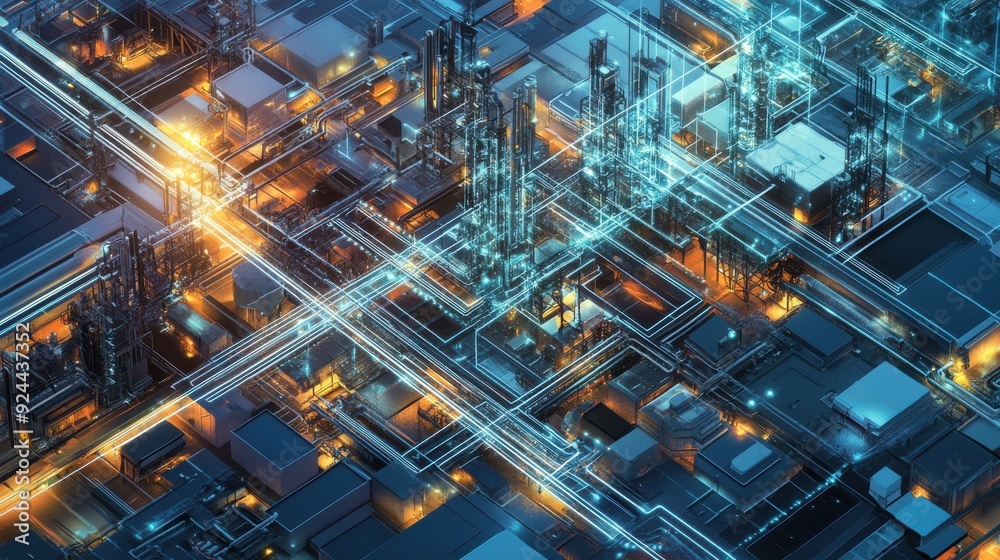 Fototapeta premium A detailed illustration of a market analysis, with veins of light connecting various sectors and industries